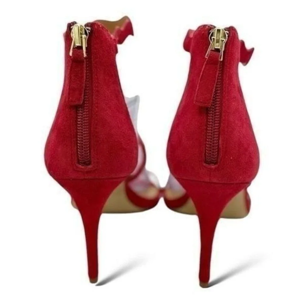J Crew Red Suede Three-strap Scalloped Stiletto‎ Heeled Sandals Sz 9.5M